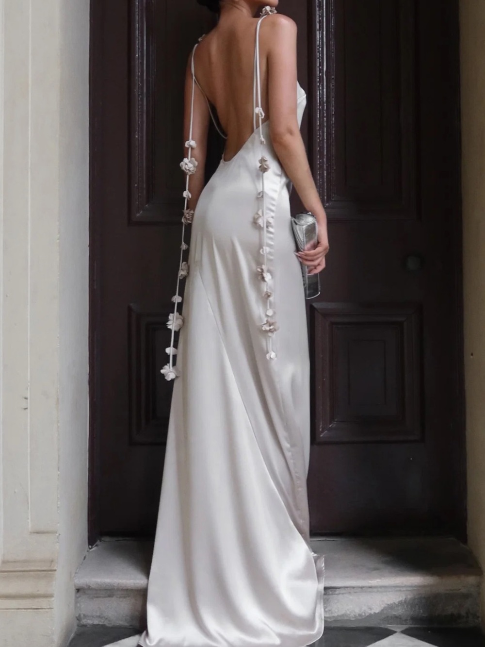 Meshki Eleanora Satin Backless Slip Gown with Floral Tie Straps